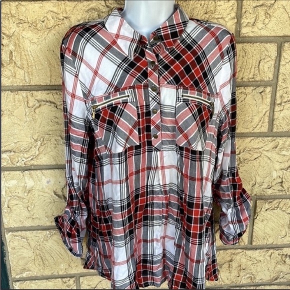 Takara plaid Top blouse Long sleeve Button 3/4 Size Large - Picture 4 of 12